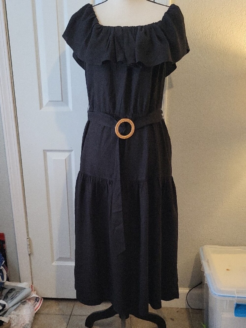 Democracy Black Ruffled Midi Dress with Belt
